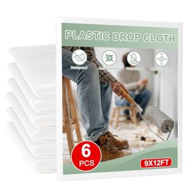 Imagem de Panos de queda de plástico de 2,7 x 3,6 m - Folhas e lonas descartáveis para pintura, proteção à prova d'água para móveis/sofás/chão (pacote com 6)