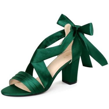 Imagem de Perphy Sandálias femininas de salto grosso com tiras cruzadas de cetim, Verde escuro, 38