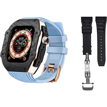 Imagem de ORKDFJ Capa de relógio de luxo de fibra de carbono com kit de modificação de 2 pulseiras, para Apple Watch 8 Ultra 49 mm, conjunto retrofit de capa de relógio de borracha de silicone, para iWatch 8, 7