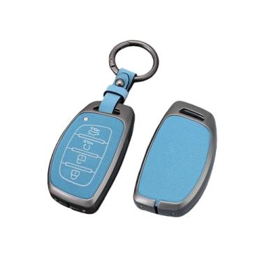 Imagem de Capa de couro para chave de carro em liga de zinco, suporte compatível com Hyundai Tucson Santa Fe Rena Sonata Elantra Creta Ix35 Ix45 I10 I30 I40(C-Style 1- Blue)
