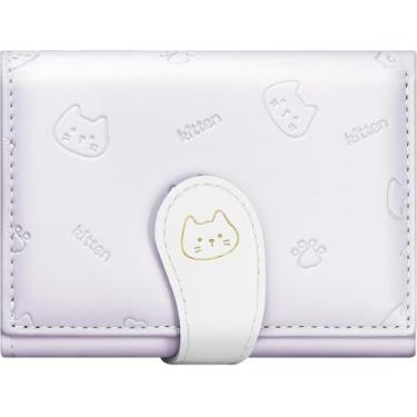 Imagem de Carteira pequena de couro PU dobrável com porta-cartões de identidade para mulheres, Roxa, Gato fofo