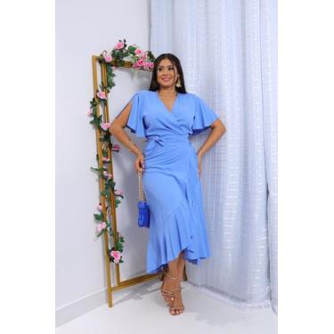 Imagem de Vestido envelope longo  viscolinho liso manga curto - SP STORE, Azul b