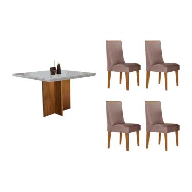 Imagem de Sala Jantar Mesa Berlim Tampo Curvo 90cm+4 Cadeiras Dakota Madeira Naturale - Capuccino/Linho Capuccino - Rufato