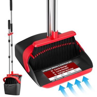 Imagem de Conjunto combo de vassoura com pá de lixo, panelas de poeira com cabo longo para varrer verticalmente, conjunto de vassoura e pá de lixo com dentes autolimpantes para casa, cozinha e escritório