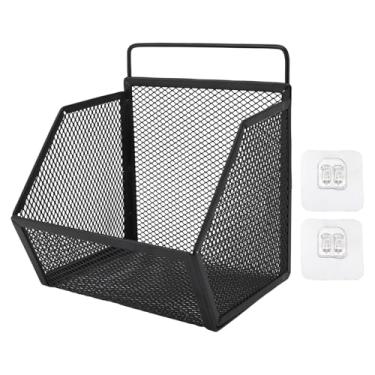 Imagem de Cesta de arame suspensa de metal adesivo, pequena cesta de armazenamento, organizador montado na parede para cozinha, banheiro, quarto, design de fio aberto resistente 13,2x10x15cm (Preta)