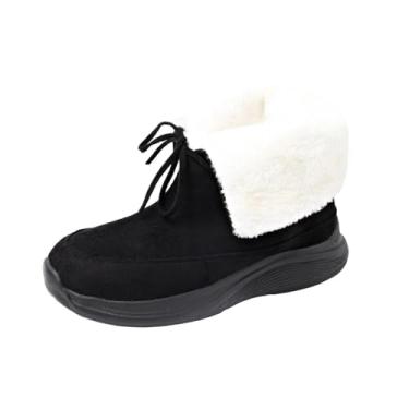 Imagem de Botas curtas femininas casuais quentes de inverno com cadarço frontal bico redondo plano e sola grossa para uso no tornozelo, Preto, 36