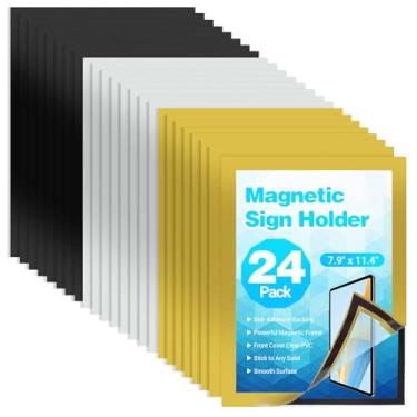Imagem de MAQUITA Pacote com 24 suportes magnéticos para sinais, suporte magnético autoadesivo de parede de 20,32 cm x 28 cm, moldura de exibição de documentos para janela de parede, escritório, restaurante, (3