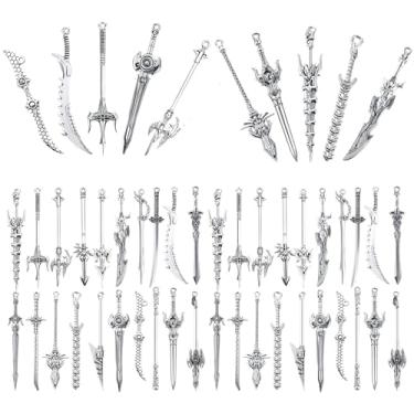 Imagem de 40 peças de espadas antigas marcadores de página de metal vintage pingentes de prata chaveiro de espada mini faca antiga acessório presente para amantes de livros, colar faça você mesmo, pulseira