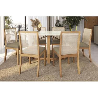 Imagem de Sala Jantar Mesa Elma Premium Madeira Maciça c/ Tampo Madeirado c/ Vidro 170x90cm e 6 Cadeiras Lara Carvalho/Off White - Boucle Bege Fendi-Kappesberg