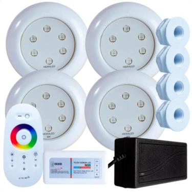 Imagem de Kit 4 Refletores Led 9w RGB ABS e Comando Iluminação Para Piscina Fibr