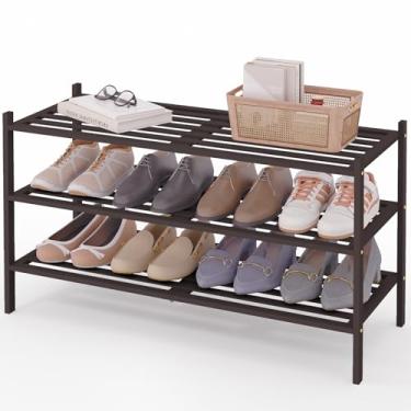 Imagem de Smiry Sapateira longa de bambu de 3 camadas, organizador de sapatos empilhável de madeira para entrada e armário, prateleira de armazenamento de sapatos de madeira independente para porta da frente e