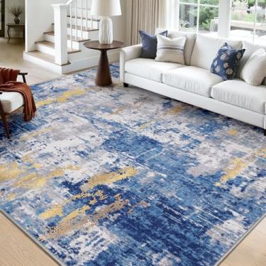 Imagem de RELEANY Tapetes laváveis, quadrados, 3 m, antiderrapantes, modernos, abstratos, macios para sala de estar, entrada, quarto, berçário, estampado, cinza, azul, ouro/dourado