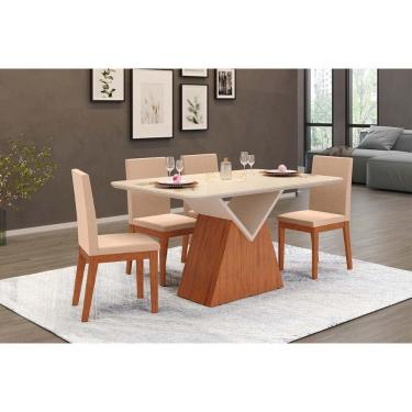 Imagem de Conjunto: Mesa Sala Jantar Argo c/ Tampo Madeirado c/ Vidro Curvo 136x90cm e 4 Cadeiras Suzy Freijo/Off White - Suede Creme - DJ Móveis