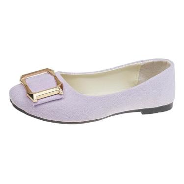 Imagem de Tênis feminino casual cor doce com fivela decorativa e bico quadrado tamanho grande para trabalho e dia a dia, Roxa, 34