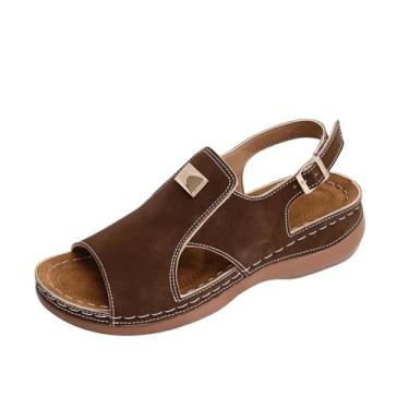 Imagem de Sandálias femininas vazadas Baotou com metade inferior grossa salto plataforma sapatos casuais confortáveis feitos de material PU, Marrom, 39