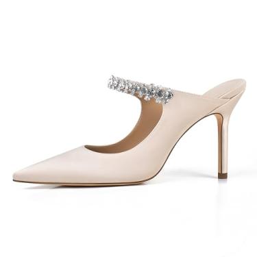 Imagem de XINIUNIU Sandálias femininas de salto alto com strass bico fino sem cadarço de 10 cm stiletto bico fechado sapatos de casamento, Cetim-nude, 39