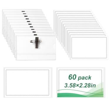 Imagem de SBYURE 60 etiquetas de nome com clipes transparentes porta-crachás de nome de plástico com porta-crachás de identificação com prendedores de crachá com inserções para cartão (3,58 × 2,71 cm)