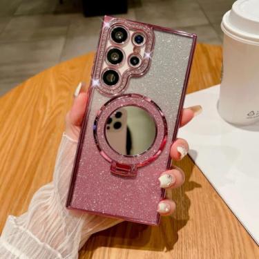 Imagem de Capa com suporte magnético espelhado para celular Samsung Galaxy S25 S24 Ultra S23 S22 Plus (para Samsung A55/Rosa)