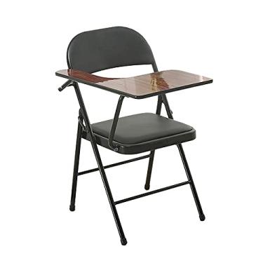 Imagem de Cadeira dobrável com estrutura de metal curvada tripla – Cadeira multifuncional ideal para uso doméstico e externo para acampamento e escritório, inclui área de escrita anexada