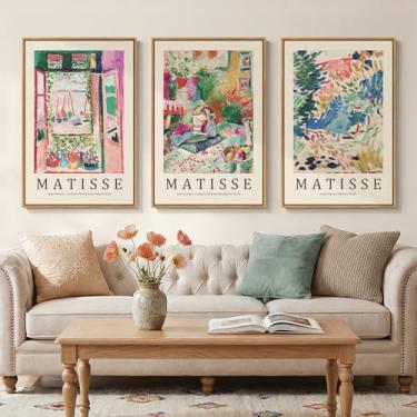 Imagem de Arte de parede Matisse abstrata emoldurada para sala de estar, grande 3 peças de arte em tela de paisagem colorida para paredes, pinturas vintage Matisse impressões imagens para corredor home office