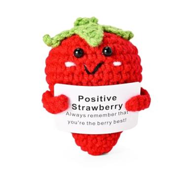 Imagem de Presente de morango emocional feito à mão, presente de crochê positivo, presentes inspiradores com cartões, presentes de aniversário de amigos de tricô fofo para meninas, adolescentes, crianças