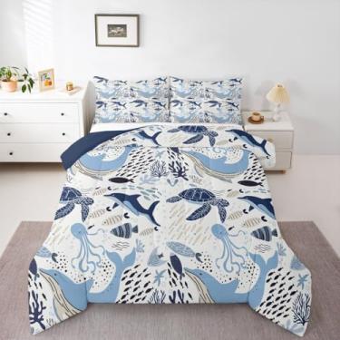 Imagem de Jogo de cama Queen com estampa de tartaruga, branco, azul, baleia, temática oceânica, polvo, golfinho, animais marinhos, edredom subaquático para crianças, meninas, meninos, 3 peças com 2 fronhas