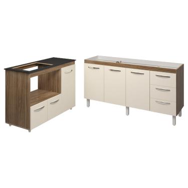 Imagem de Balcão Cozinha Gabinete de Pia 160 cm Estela e Balcão Para Fogão Cooktop 4 Bocas e Forno Elétrico Alana Savana Off White