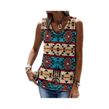 Imagem de Camiseta Feminina Retrô Estampada Casual Sem Mangas, Estilo Solto Étni