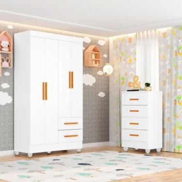Imagem de Quarto Bebê Infantil com Guarda-roupa 4 Portas e 2 Gavetas com Cômoda 