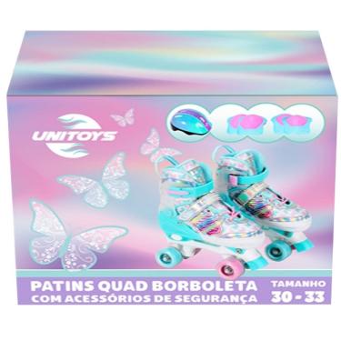 Imagem de Patins Feminino Roller Infantil Azul Borboleta KIT Proteção Unitoys TAM 34-37