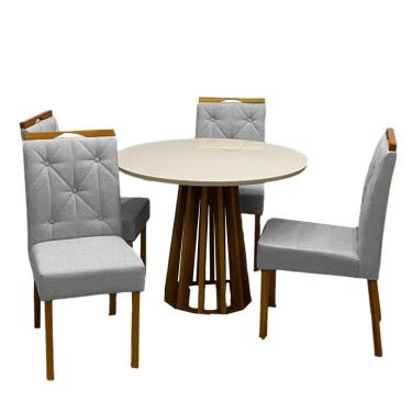 Imagem de Mesa de Jantar Berlim 100cm Redonda com Vidro e 4 Cadeiras Jasmim em Veludo Estofadas Cel Móveis Cor Cinamomo Off White com Tecido Cinza