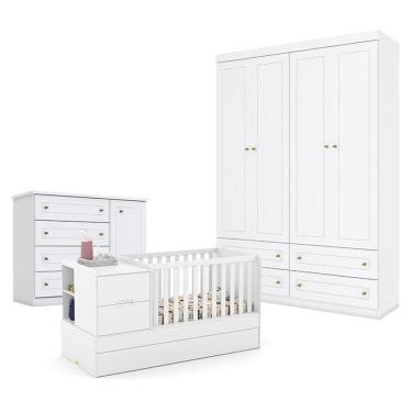Imagem de Quarto de Bebê Americano 4 Portas com Berço Americano Multifuncional Formare Branco Acetinado - Matic - Henn