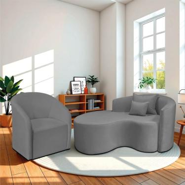 Imagem de Kit Recamier Curvo Sala De Estar Inglaterra 150cm Lado Esquerdo E Poltrona Orgânica Luxo Luiza Max Bouclé Cinza