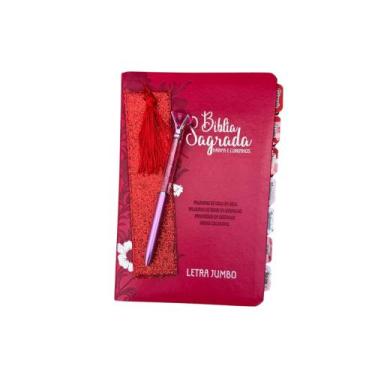 Imagem de Bíblia Jumbo Floral Vermelha Full Color Personalizada Com Abas Caneta 