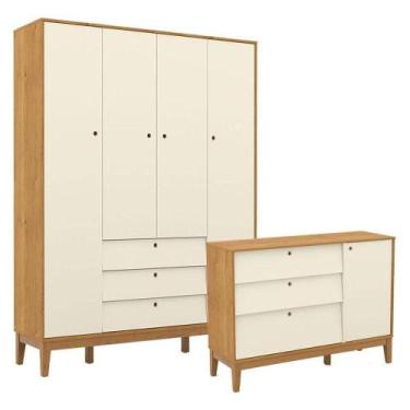 Imagem de Cômoda Sapateira E Guarda Roupa Unique 4 Portas Freijó Off White Eco W