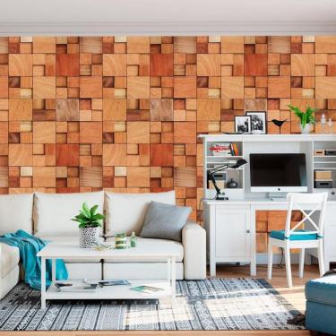 Imagem de Papel De Parede Cubos Madeira Mogno Claro Autocolante Sala