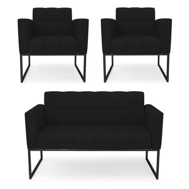 Imagem de Kit 1 Sofá Namoradeira e 2 Poltronas Elisa Linho Preto A79 Base Metálica Industrial Preto D03 - D'Rossi