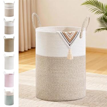 Imagem de SunNewt Cesta de corda de algodão marrom, cesta de armazenamento de 58 L para cobertores, brinquedos, roupas, cesto de roupa grande de vime infantil, cesto de roupa suja alto com alças, decoração de