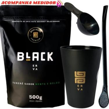 Imagem de Kit Tereré Black Erva Mate 500g Copo Acrílico Caldereta Preto Bomba Cl