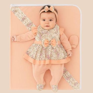 Imagem de Saída Maternidade Luxo Menina 05 Peças Pompom Roupas de Bebê, Salmão, 