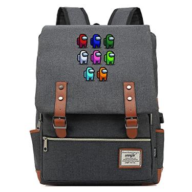 Imagem de Mochila retrô Space Game Among Pattern, mochila escolar retrô unissex (com USB), Cinza escuro, Large, Clássico