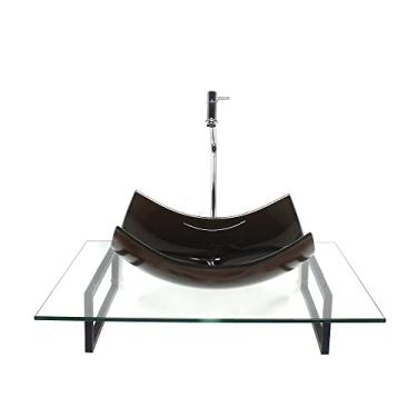 Imagem de KIT CUBA DE VIDRO RETANGULAR CURVADA MARROM COM TAMPO 60CM INCOLOR E SUPORTE PRETO