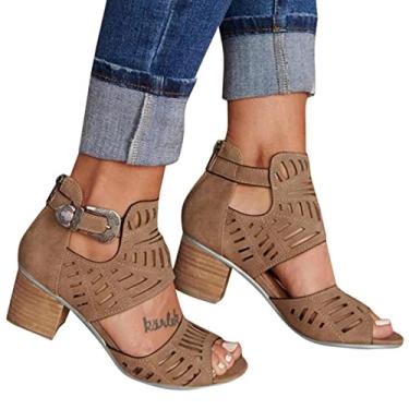 Imagem de Sandálias femininas casuais de salto alto grosso, sandálias de festa para caminhada, tira no tornozelo, peep toe, M01-marrom, 10