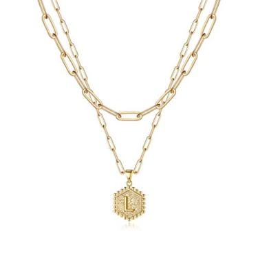 Imagem de M MOOHAM Colares delicados com inicial para mulheres – Colar em camadas para mulheres, lindo colar de letra hexagonal com inicial e colar em camadas para presentes femininos, 18 IN, Latão, Sem Pedra