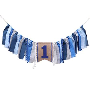 Imagem de Banner de cadeira alta menino - decorações de primeiro aniversário para meninos 1º aniversário banner artigos de festa para cadeirinha (azul branco)