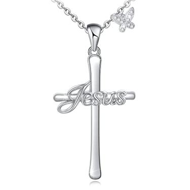 Imagem de ATTRACTTO S925 Colar de cruz de fé de prata esterlina, pingentes de asa, joias de cruz de girassol para mulheres e meninas, colares banhados a platina 18 K com caixa de presente, Prata esterlina S925, Zircônia cúbica,