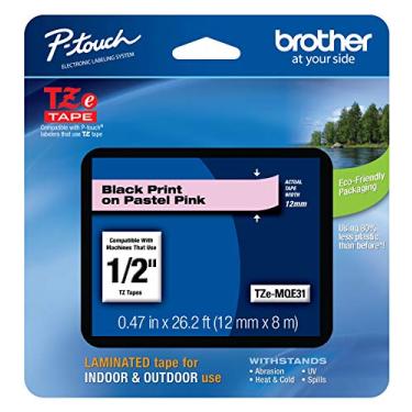 Imagem de Brother Fita genuína P-touch TZE-MQE31, fita laminada padrão de 1,2 cm de largura, preta sobre rosa pastel, laminada para uso interno ou externo, resistente à água, 12 mm x 8 m, TZEMQE31