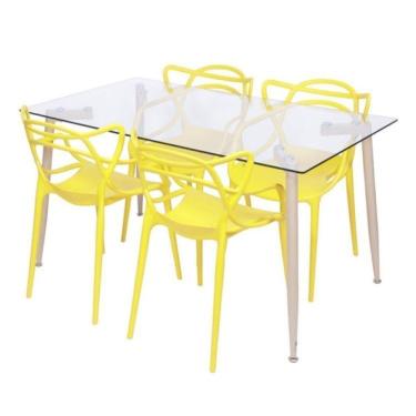 Imagem de Conjunto de Sala de Jantar Mesa com Tampo de Vidro com 4 Cadeiras Solna Allegra OR Design Amarela