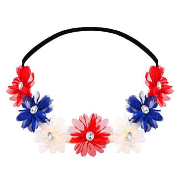 Imagem de AVMBC Faixa de cabeça de 4 de julho vermelha branca azul bandeira americana dia da independência flor floral elástico cristal faixa de cabeça patriótica dia da independência suprimentos para festas acessórios para vestir