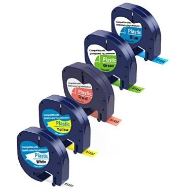 Imagem de 5 x etiquetas multicoloridas 12 mm x 4 m compatíveis com recargas de etiquetas Dymo 91331 91332 91333 91334 91335 preto sobre branco/amarelo/vermelho/verde/azul para Dymo Letra Tag Maker LT100H LT100T QX50 (5)
